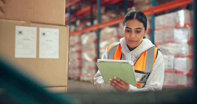 Inspection, thinking and woman in warehouse with tablet, coordination and distribution. Logistics, manager and checklist in storage facility with technology, order or shipping in supply chain