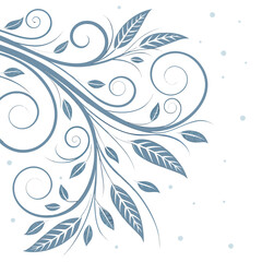 Elegant blue floral vine with swirling branches and delicate leaves on a white background with subtle dots
