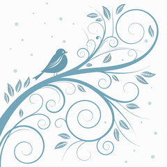 A delicate blue bird perched on a swirling branch with leaves and falling snow
