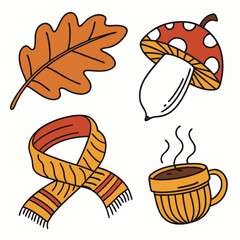 Cozy autumn elements featuring an oak leaf a mushroom a scarf and a hot beverage in a mug