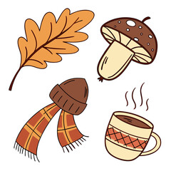 Cozy autumn elements featuring an oak leaf mushroom beanie scarf and hot chocolate mug