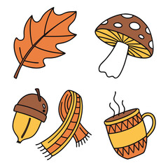 Cute hand drawn autumn icons featuring an oak leaf acorn mushroom scarf and hot drink