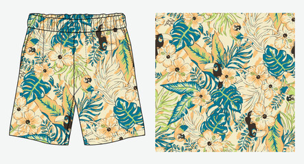 Vibrant tropical shorts design exotic seamless pattern. toucans, hibiscus flowers, and lush jungle leaves. summer fashion, resortwear, surf shorts, men’s swim trunks, or tropical-themed apparel.