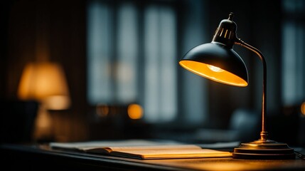 Warm glowing desk lamp illuminating open book in cozy study for late night reading and working, perfect for home office or library atmosphere
