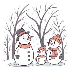 Charming illustration of a snowman family with a father mother and child enjoying a snowy winter day outdoors