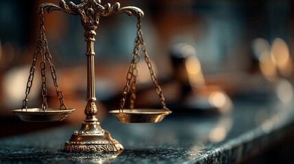 Elegant gold scales of justice symbolize fairness and law, ideal for legal blogs, financial services websites, and promoting ethical business practices