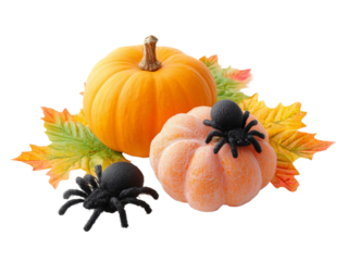 Autumn composition with pumpkins, leaves and spiders