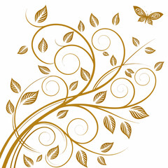 Elegant golden vine with swirling branches leaves and a decorative butterfly on a white background