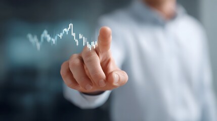 A hand points at a glowing digital projection of a market chart symbolizing financial analysis
