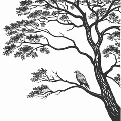 Detailed ink sketch of a hawk perched on a bare tree branch with delicate foliage against a white background