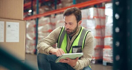 Tablet, logistics and box with man in warehouse for inventory manager, shipping or label update. Digital checklist, supply chain or cargo inspection with employee in factory for freight information - Powered by Adobe