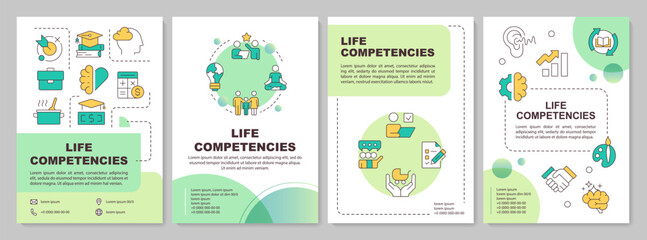 Life competencies green circle brochure layout. Ability to handle daily challenges. Leaflet advertising design with color line icons. Editable 4 pages. Arial-Bold, Myriad Pro-Regular fonts used