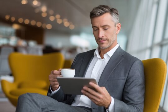Businessman drinking coffee and using digital tablet in office lobby