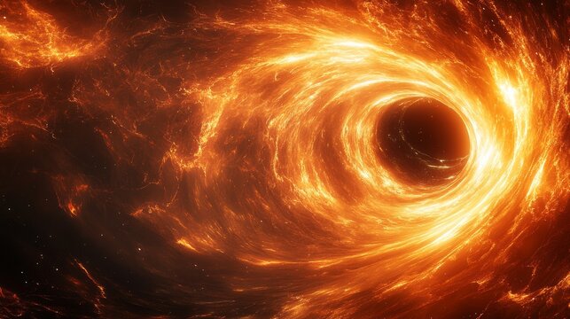 A blazing black hole in deep space swirling with fiery plasma and cosmic energy, symbolizing galactic mysteries, astronomy discovery, gravitational power, incredible forces shaping our vast universe.