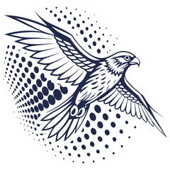 Stylized dark blue falcon in flight with abstract halftone dot pattern background isolated on white