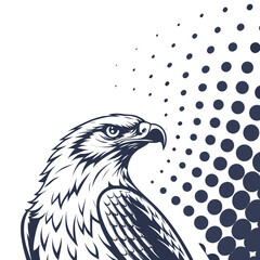 Majestic eagle head profile with dark blue halftone dot pattern on white background