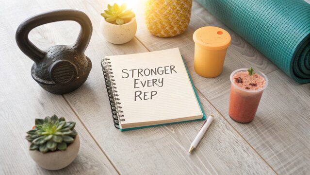 Inspirational Fitness Workspace with Kettlebell, Yoga Mat, Plants, Smoothie, Notebook, and Motivational Quote