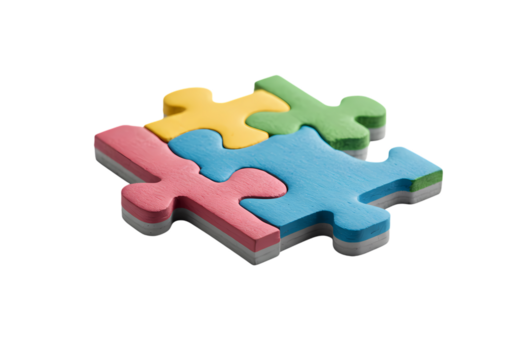 Four Colorful Puzzle Pieces Interlocking Solution Teamwork Collaboration Concept isolated on transparent background