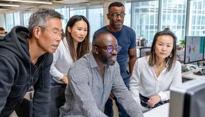 Diverse business team analyzing data on computer in modern office