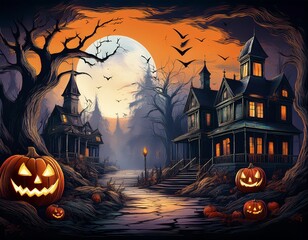 AI Generative A spooky Halloween night scene with haunted houses, glowing jack-o'-lanterns, and a full moon.