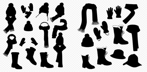 A collection of black silhouettes of various winter clothing items, including hats, scarves, gloves, and boots.