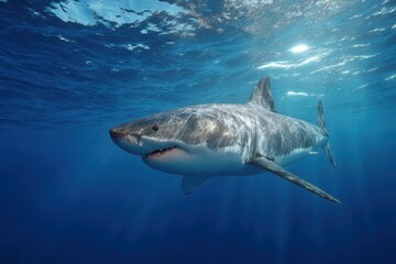 Fototapeta premium Realistic rendering of a great white shark swimming gracefully in the deep blue ocean, showcasing its powerful fins and sharp teeth under sunlight