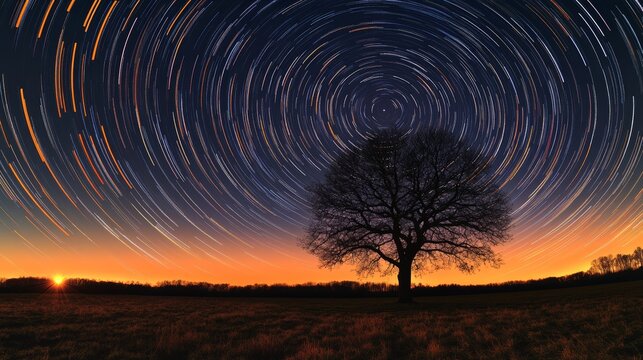 A long-exposure night sky with colorful star trails swirling above a lone tree at sunset horizon, symbolizing time, motion, astronomy, cosmic wonder, and the infinite universe of celestial beauty.