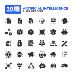 Artificial intelligence glyph ui icons set. Cybersecurity, privacy. Data processing, analytics. Black solid symbols vector iconset. User interface flat elements collection, pixel perfect