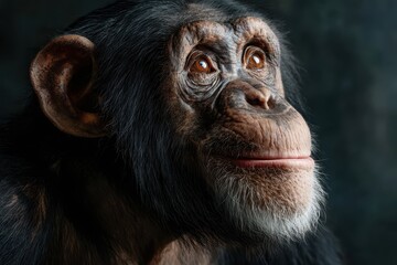 Happy adult chimp portrait showcasing expressions of joy and curiosity in a close-up setting highlighting the natural beauty of primates in a serene environment