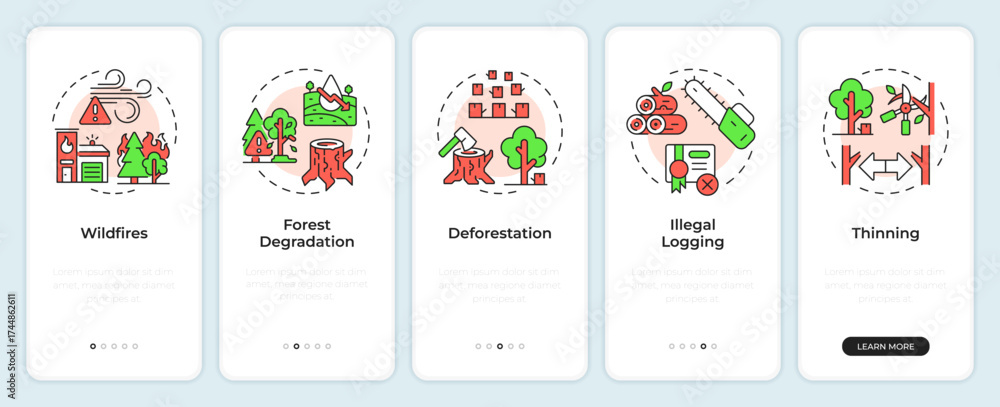 Wall mural forestry problems onboarding mobile app screen. illegal logging. walkthrough 5 steps editable graphi