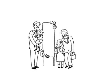 入学式、卒園式、入園式、お祝い、式典で記念撮影する親子、線画、