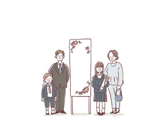 入学式、卒業式、お祝い、式典で記念撮影する親子（小学生、中学生）