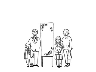 入学式、卒業式、お祝い、式典で記念撮影する親子（小学生、中学生）、線画
