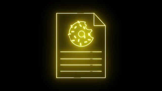 Yellow neon document icon with donut and bite mark lines below black background