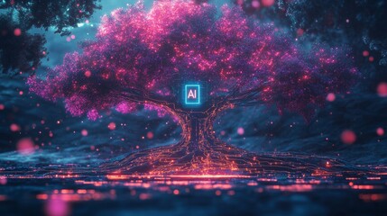 A glowing futuristic AI tree with pink neon lights illuminating branches and ground circuits, symbolizing artificial intelligence, deep learning, big data, machine innovation, creativity, technology.
