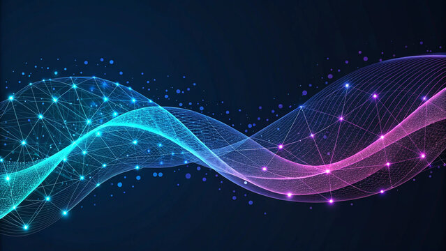 Abstract network with glowing dots and lines forming a wavy pattern on a dark blue background