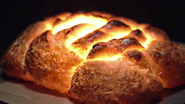 Braided Challah Bread Loaf with Golden Crust Highlighted Against Dark Studio Background