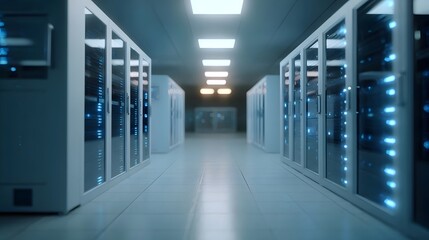 Modern data center aisle with rows of server racks illuminated by glowing blue LED lights