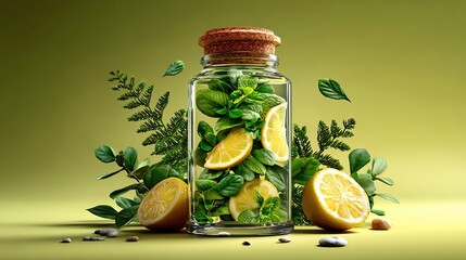 A refreshing jar filled with mint leaves, lemon slices, and green ferns, creating a vibrant and rejuvenating scene.