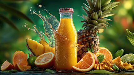 A refreshing tropical fruit juice, featuring vibrant oranges and pineapples, encapsulated in a glass bottle with splashes of flavor.