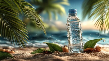 A refreshing water bottle on a sandy beach, surrounded by lush green leaves and sparkling droplets, perfect for summer vibes.