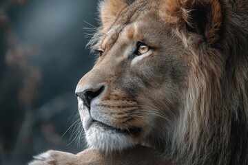 Obraz premium Majestic lion observing its surroundings in a safari park at dusk, highlighting its magnificent mane and sharp gaze with a soft background for a dramatic effect