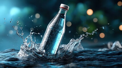 A refreshing water bottle splashing into clear water, surrounded by a serene atmosphere, highlighting hydration and vitality.