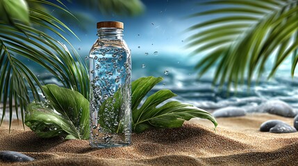 A refreshing water bottle surrounded by lush leaves and sandy beach, capturing a perfect moment of nature's beauty by the sea.