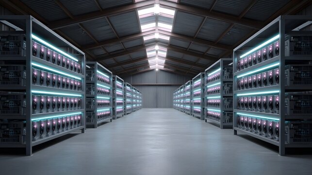 Rows of glowing server racks inside a large industrial warehouse illuminated by vibrant neon lights indicating a digital processing or mining ope n