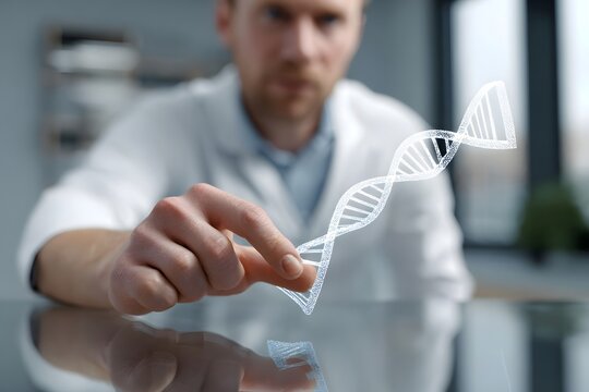 Scientist holding a holographic DNA double helix model in a modern laboratory setting - Powered by Adobe