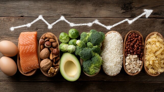 Healthy eating concept with fresh foods showing an upward trend line, perfect for nutrition guides, diet plans, and healthy lifestyle campaigns