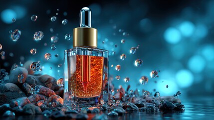 A sparkling glass dropper bottle filled with a vibrant orange liquid, surrounded by water droplets and a colorful background.
