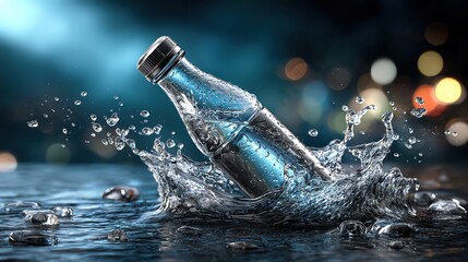 A sparkling water bottle splashes into a pool of clear water, creating mesmerizing droplets and revealing a refreshing vibe.