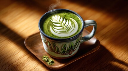 A steaming cup of matcha tea with intricate latte art, set on a wooden surface, perfect for beverage enthusiasts.